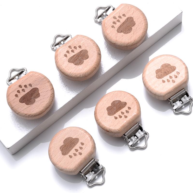 5Pcs/Lot Food Grade Beech Wooden Pacifier Clip Heart Animal Rainbow Pattern Dummy Holder Clip for DIY Teething Pacifier Chain