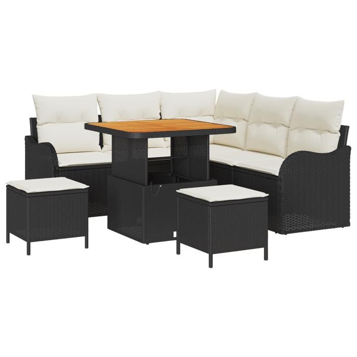 Ensemble de canapé jardin 8 pièces avec coussins en poly rotin noir acacia, Canapé jardin 2 places avec rangement 3364210