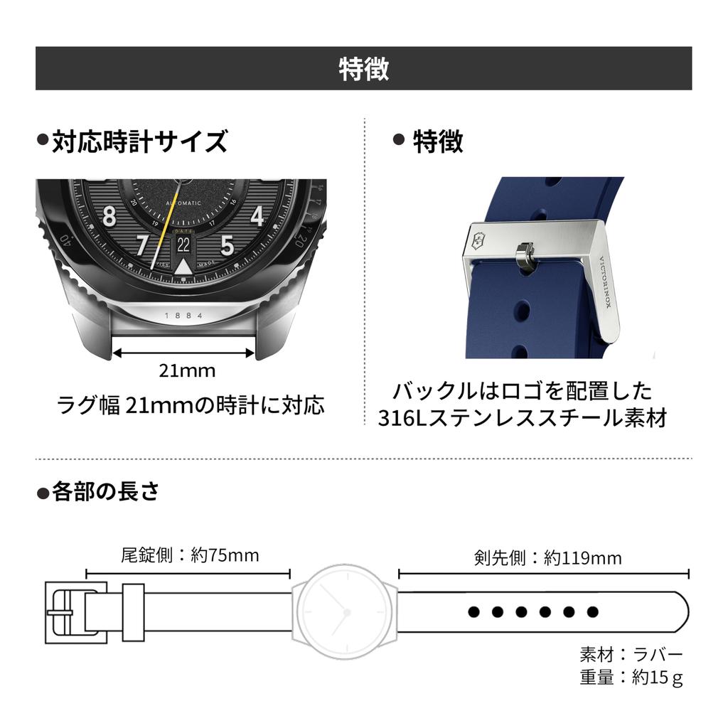 Victorinox 21mm Watch Rubber Strap with D2 Pin Lightweight and Blue Band, Tool-Free Buckle, Breathable, [V.60042]