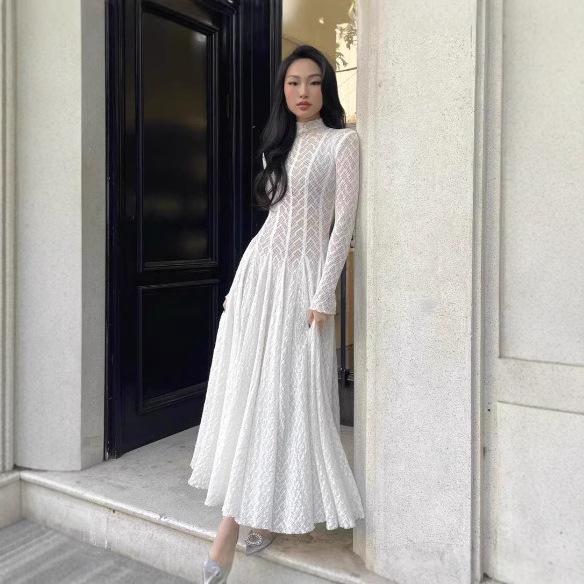 Spot - Spring and Summer Explosive Temperament Solid Color Stand-Up Neck Long Sleeve Lace Dress Umbrella Dress Long Dress