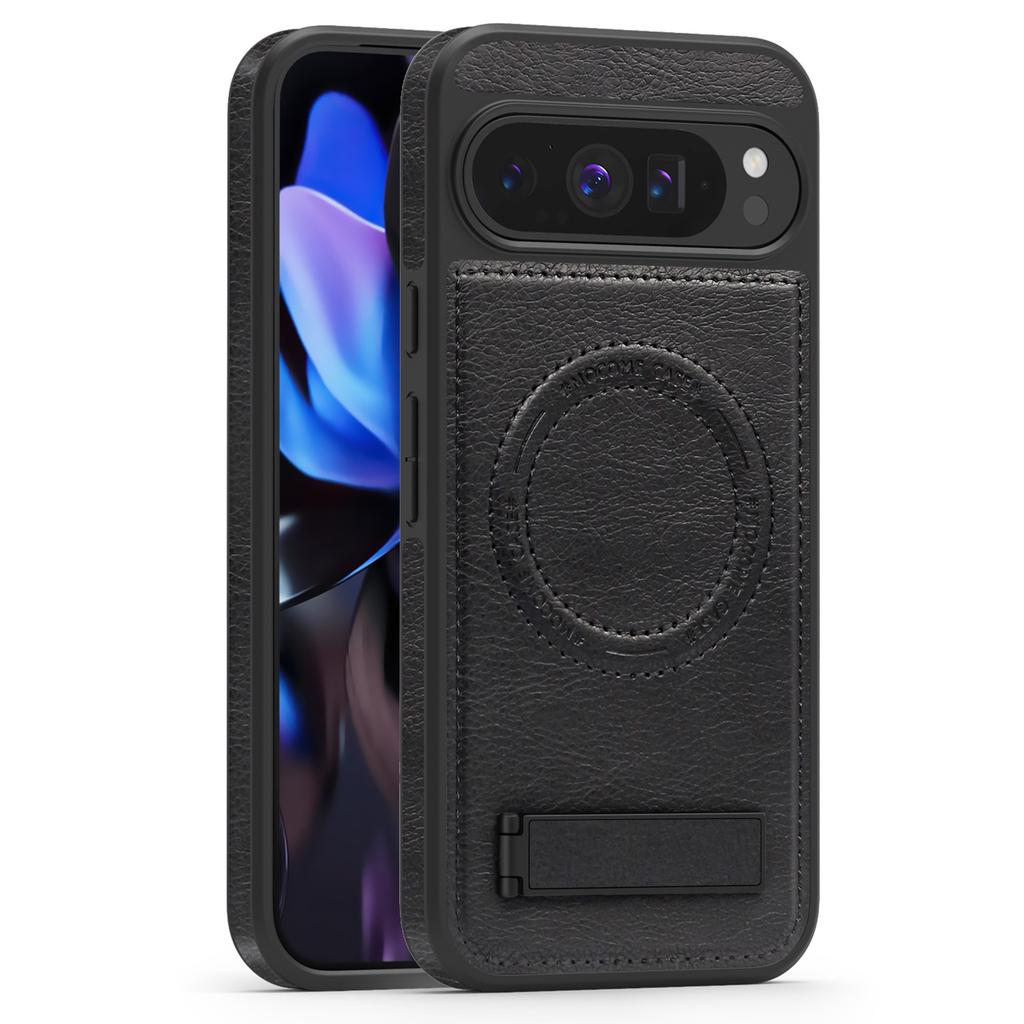 For Google Pixel 9 Pro XL Case Compatible with MagSafe Kickstand Leather Phone Back Cover