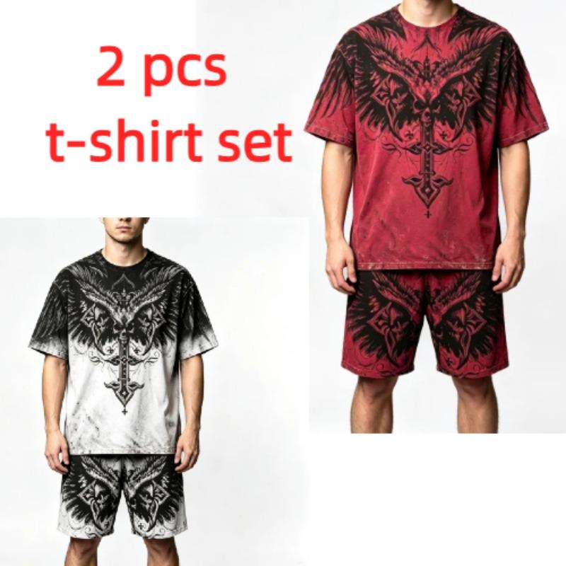 Summer Gothic Style Vintage Skull Cross Printed Round Neck Short Sleeved T-Shirt And Shorts Set Men's and Women's T-shirt Shorts Set