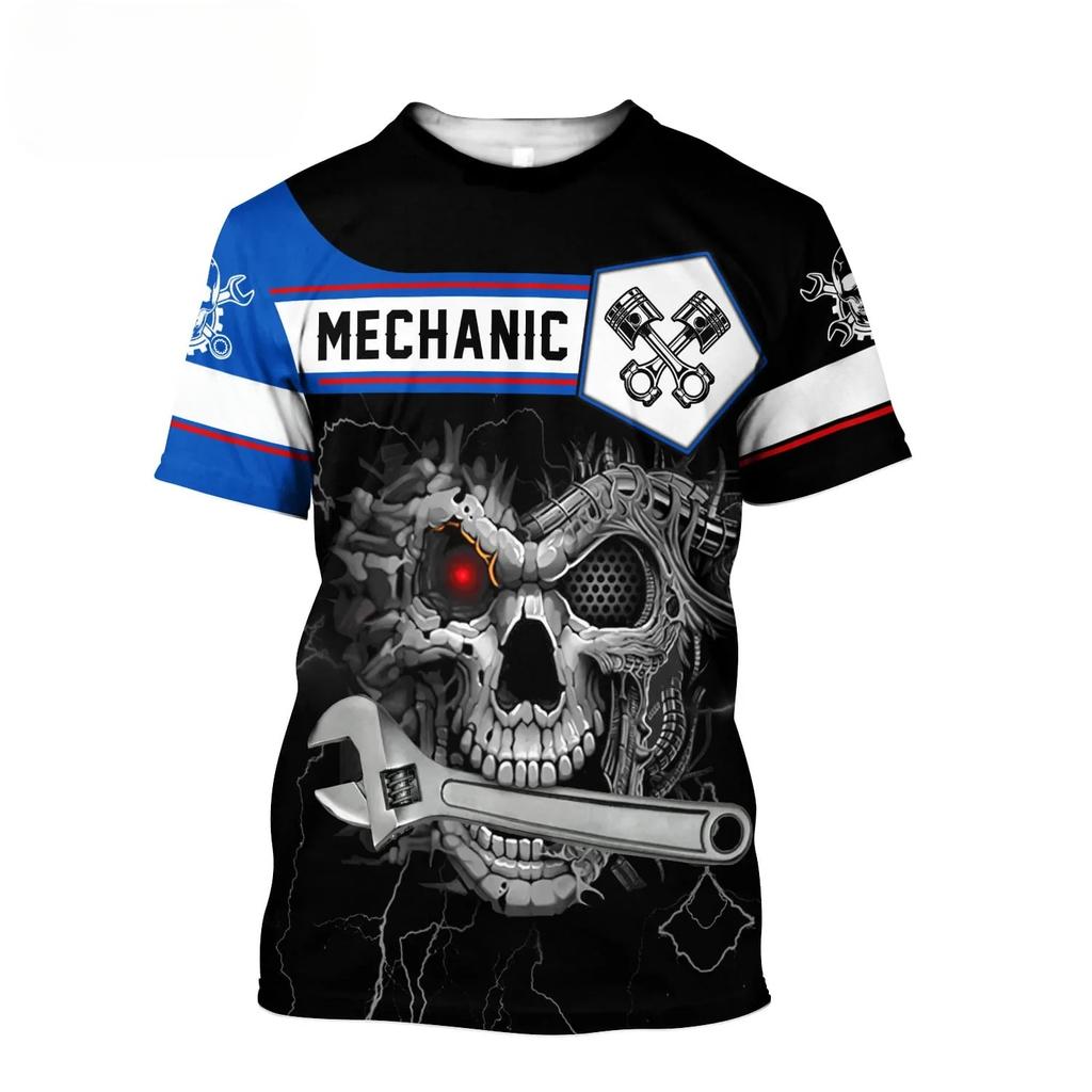 Letnie T-shirty męskie z okrągłym dekoltem, z nadrukiem 3D wzoru mechanicznej czaszki, modne, codzienne, z krótkim rękawem