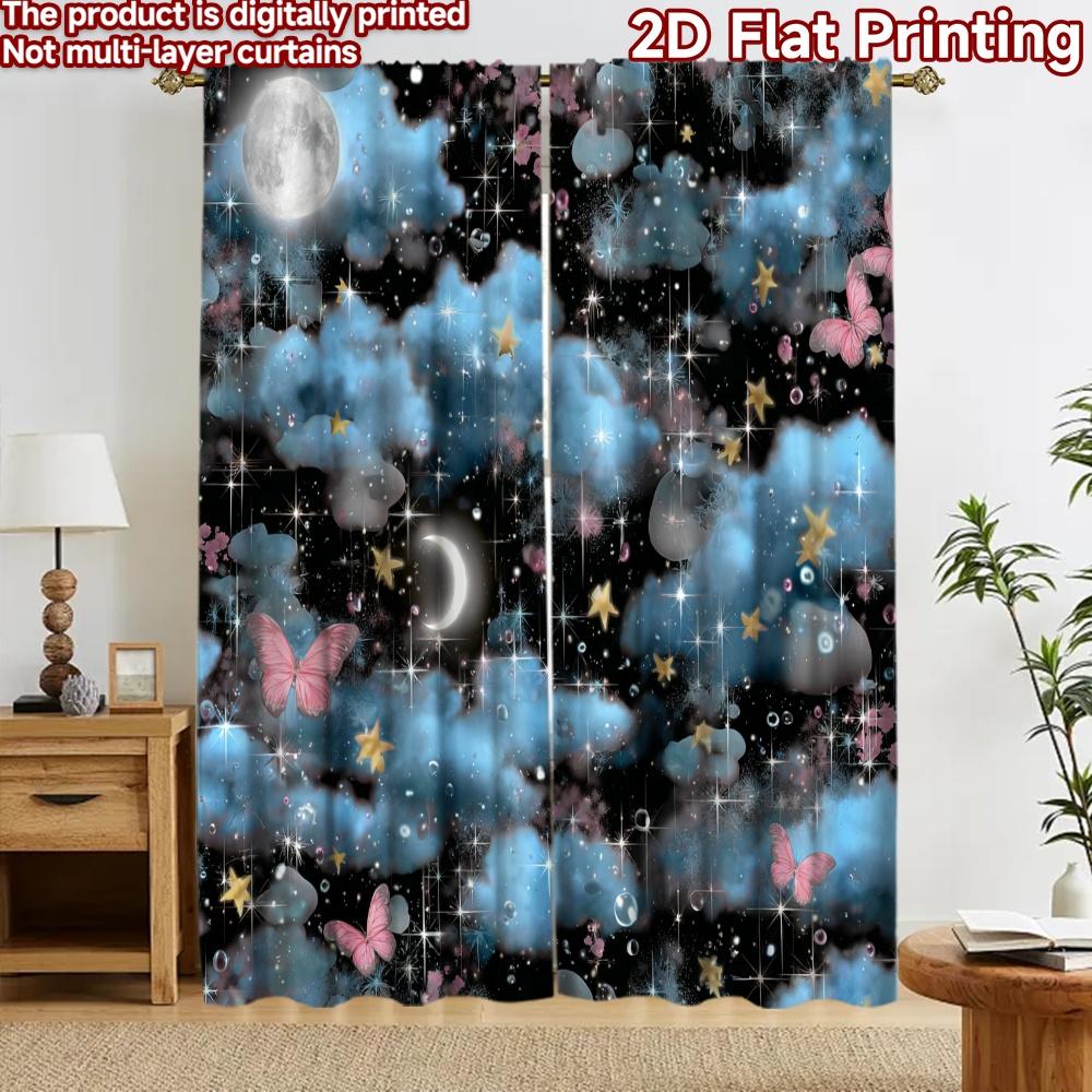 2D flat printing 2pcs Curtain Party Curtain Night Sky with Butterflies Digital Printed Polyester Drapes Festive Wall Decor Use