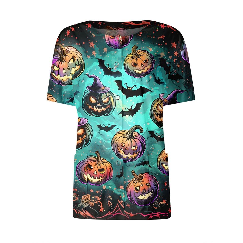 Women's Short Sleeved Patterned Pockets, Work Print Stand Up Collar, Single Breasted Protective Clothing, Cardigan Jacket, Top