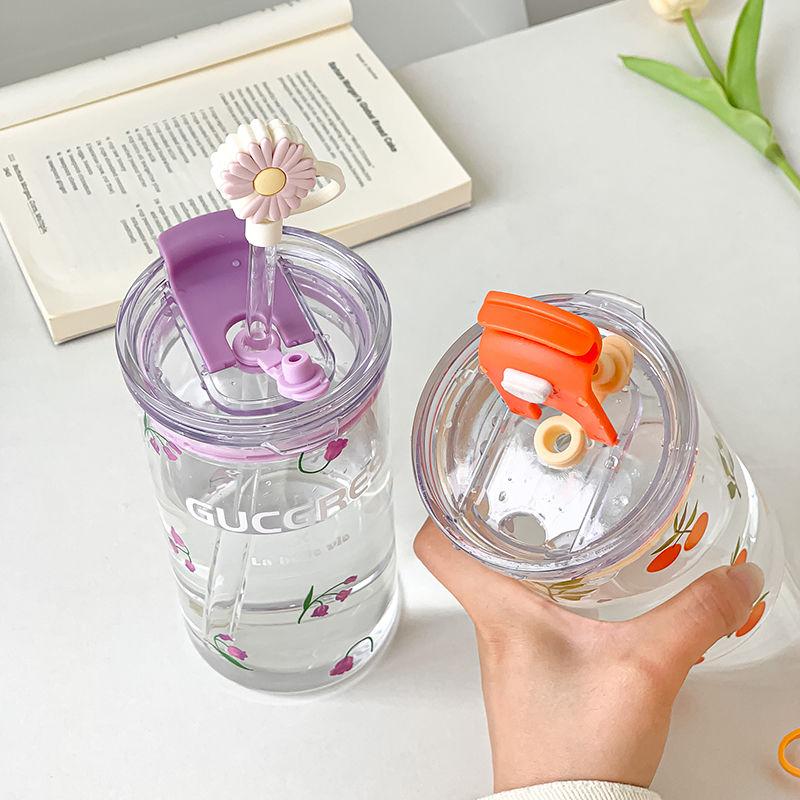 550ml Flower Glass Cup Clear Eyeglasses With Lid And Straw Bubble Tea Cup Ice Coffee Mug For Juice Milk Water Cups Drinkware