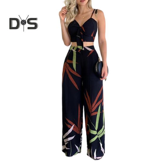 2 Pcs/Set Women Vacation Outfit V Neck Backless Sleeveless Camisole High Waist Wide Leg Printed Pants Set Beach Crop Top Trousers Set Resort Wear
