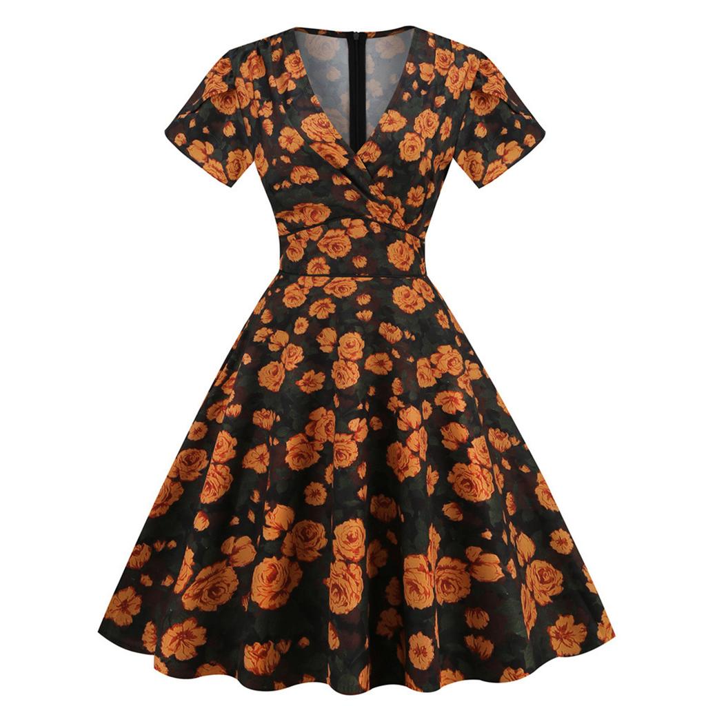 Women's Digital Printing Short-Sleeved V-Neck Casual Printing Hem Dress