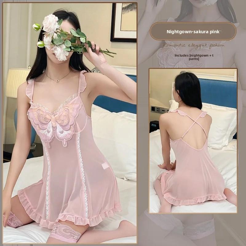 Sexy Women's Home Sleepwear Strap Nightgown Cherry Blossom Pink Pure Lace Trim Nightdress Home Comfortable Night Dress