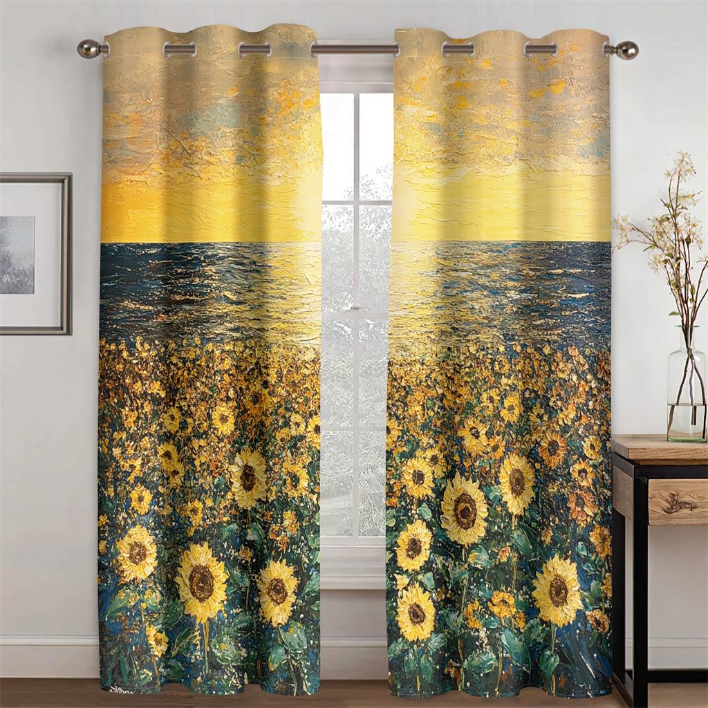 3D Oil Painting Sunflower Ocean Curtains Blue Sky Sunrise Bedroom Living Room Balcony Kitchen Decorative Curtains 2 Panels