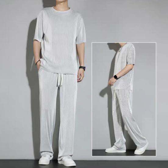 2 ks/sada Pánské letní oblečení pro volný čas Tričko s krátkým rukávem s výstřihem do O Elastická šňůrka v pase Široké nohavice Dlouhé kalhoty Set Jednobarevné oblečení pro volný čas