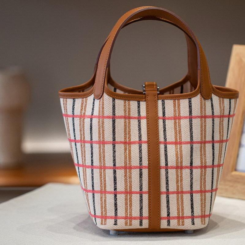 

2025 Новый холст с вышивкой из коровьей кожи в полоску и клетку, корзина для овощей without inner pocket or shoulder strap