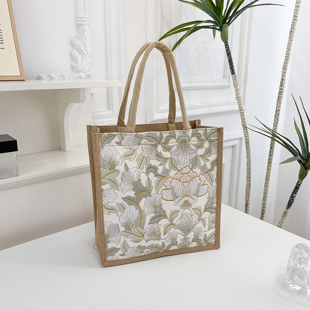 Floral Print Handbag Structured Linen Leather Tote Bag Large Capacity Tote Comfortable Urban Tote For Short Trips Work Daily