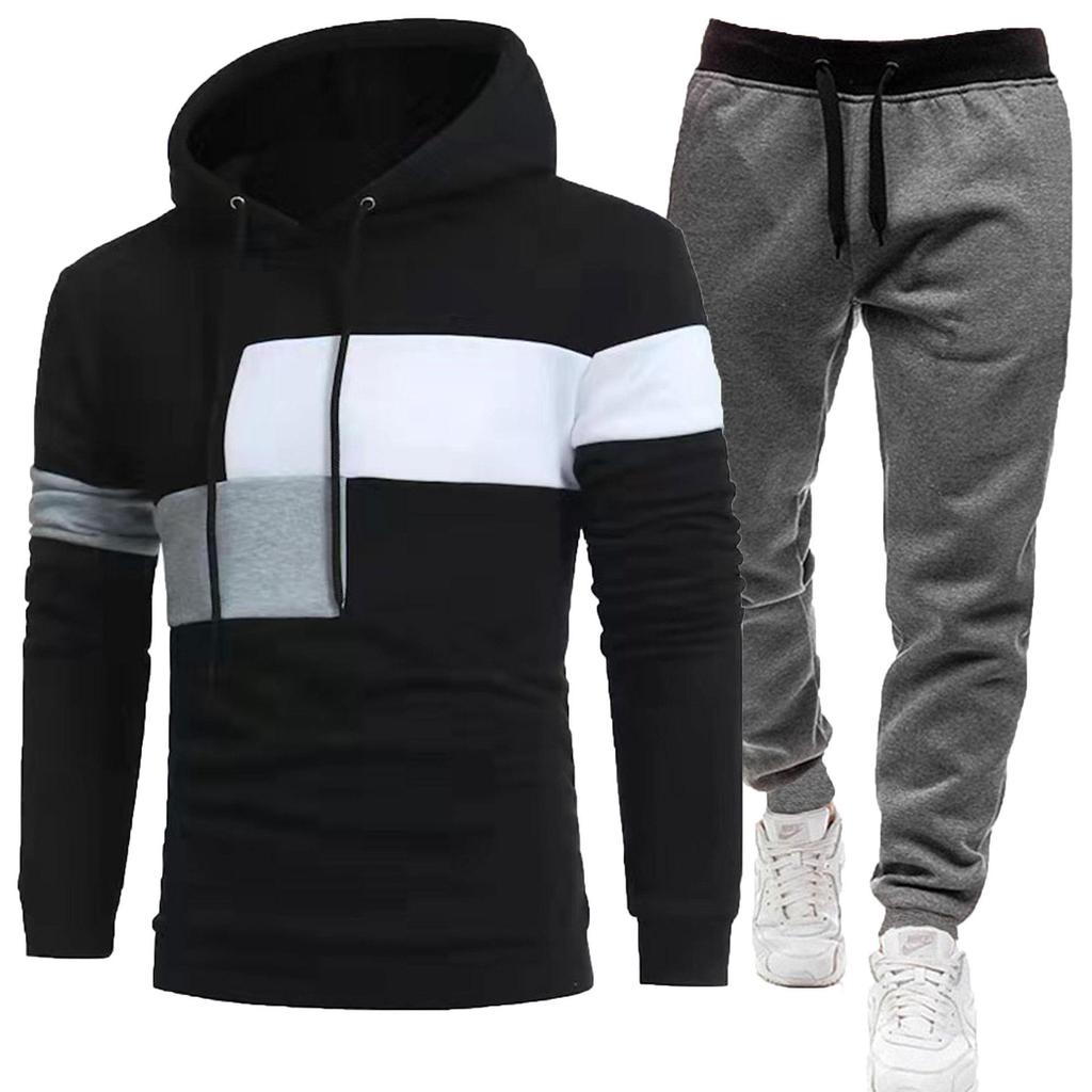 2024 Men's 3-Piece Fleece-Lined Patchwork Hoodie Sportswear Set
