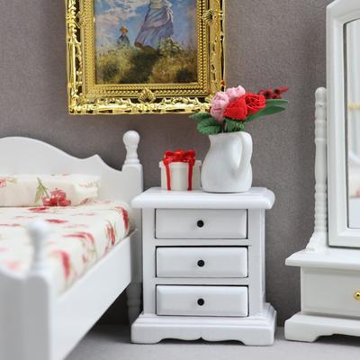 Miniature Dollhouse Bedside Table 1/12 Scale White Night Stand With Functional Drawers For Home Office Display Decors