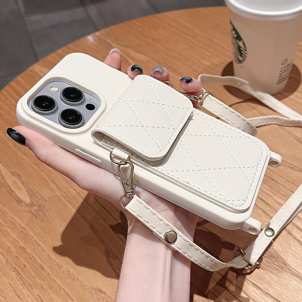Leather Wallet Crossbody Lanyard Necklace Silicone Case For iPhone 16 14 12 15 13 Pro Max Slot Card Holder Shockproof Soft Cover