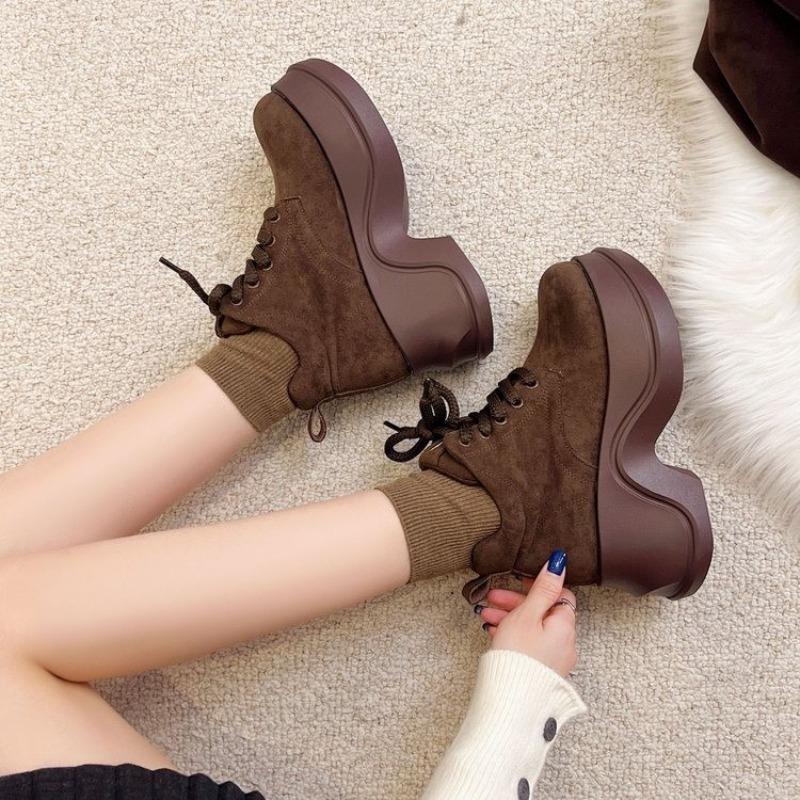 Fashion Retro New Women's 2025 Round Toe Suede Front Lace-Up Casual Platform Non-Slip High-Top Single Shoes