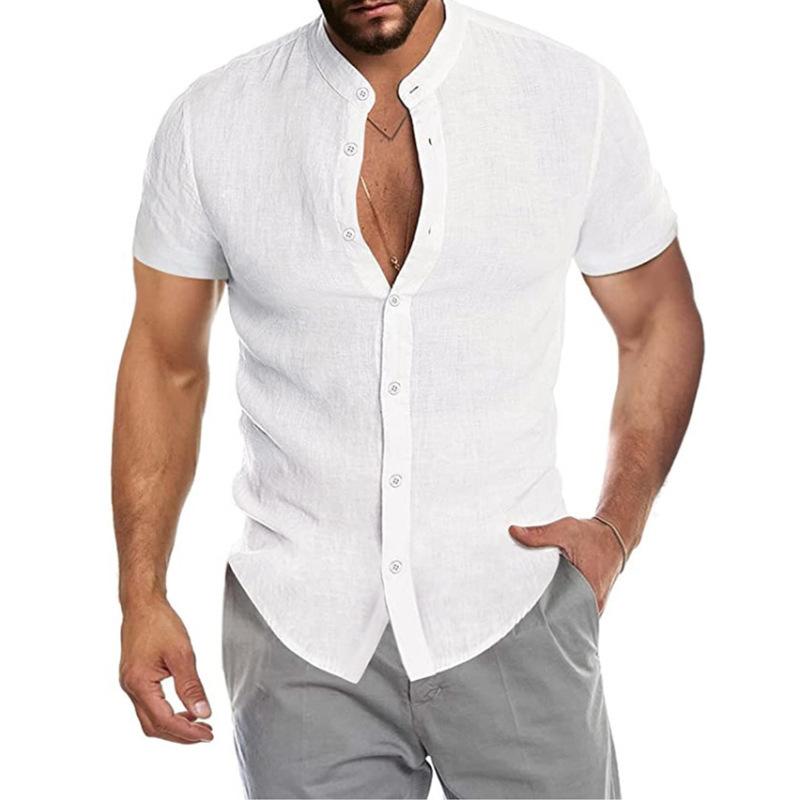 

Men Stand Collar Short Sleeve Linen Casual Button Shirt Tops M белый