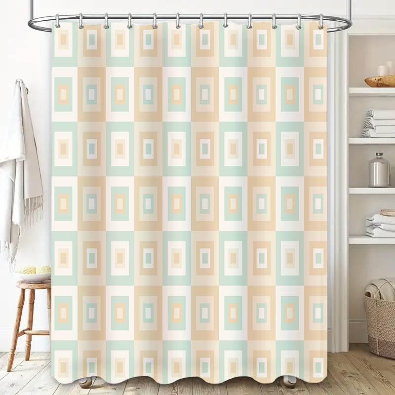 Modern Bathroom Shower Curtain Decorative Rectangular Geometric Pattern Waterproof Washable Home Decor (Beige Mint) One Size
