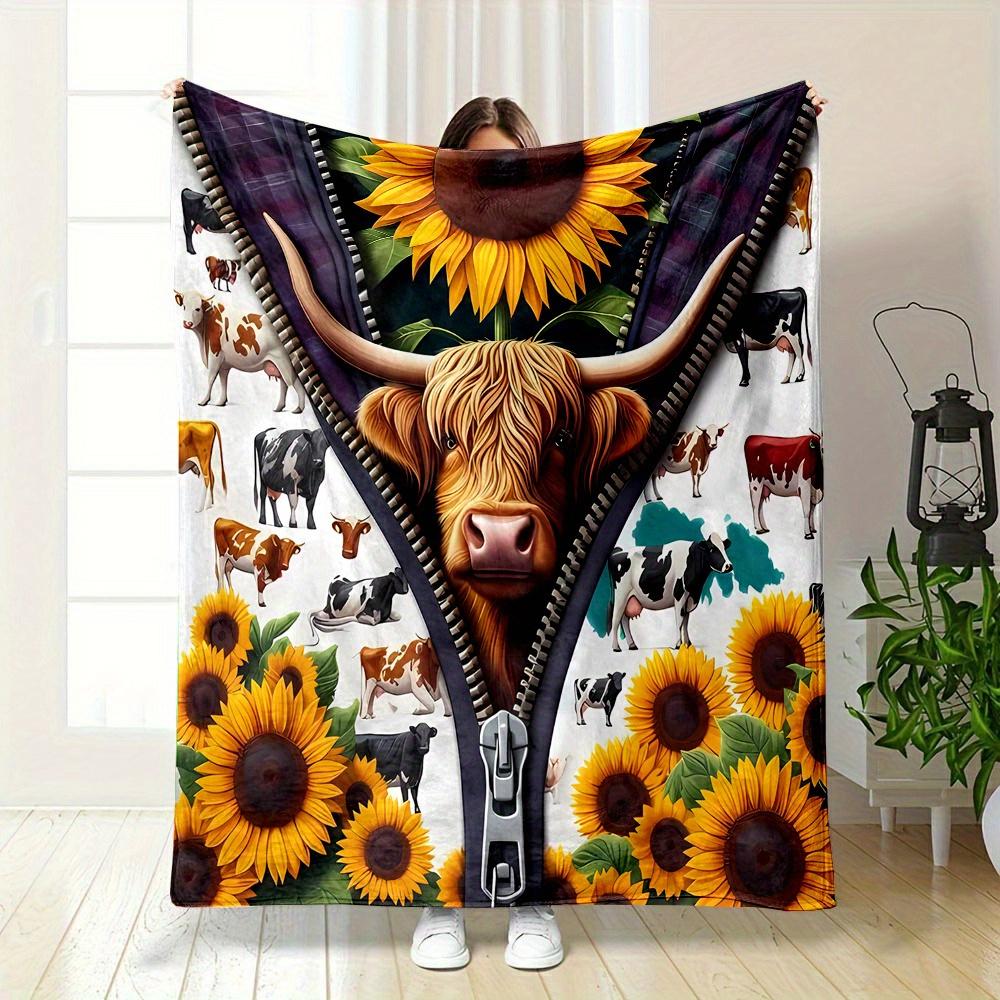 

Sunflower Cow Print Blanket Reversible Farmhouse Charm for AllSeason Comfort Rural Gifts Country Decor 75x100cm