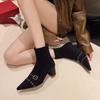 Pointed thick heel short boots women's 2025 autumn and winter new temperament high heel thin boots black belt buckle British Martin boots