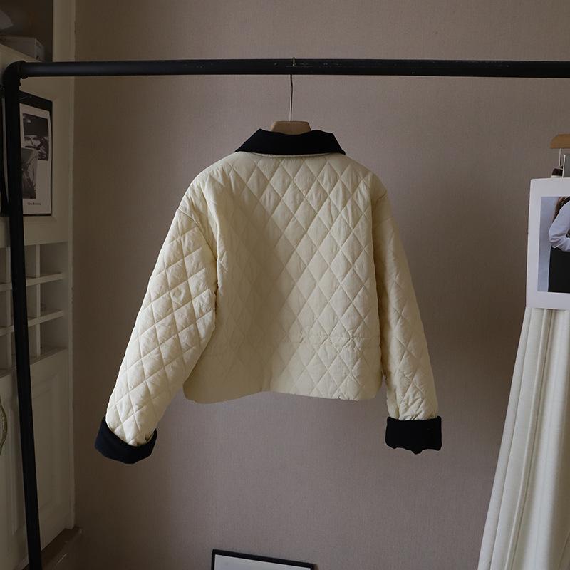 

[Би Чжэн] Женская теплая куртка на лацканах с простежкой - Пальто в стиле пэчворк с цветными блоками Осень/Зима 2024 One Size абрикосовый