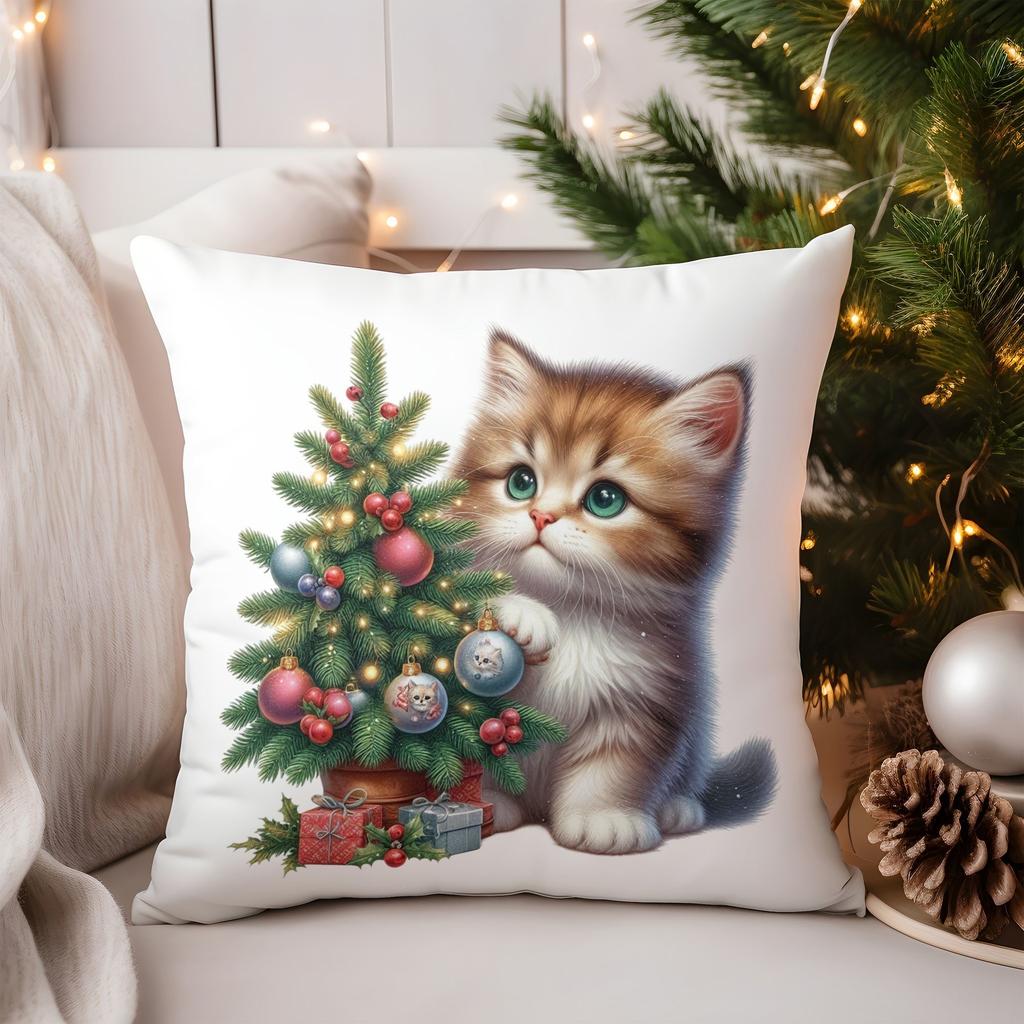 Cat and Christmas Tree Pattern Square Polyester Pillowcase Sofa Living Room Cushion Cover Bedroom Bedside Pillow Cover