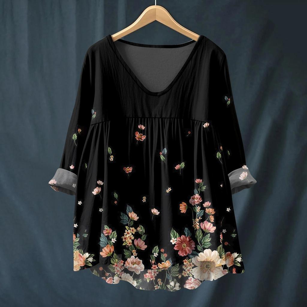 Damen Modisches Und Lässiges Hemd Langärmlig V-Ausschnitt Druck Baumwolle Und Leinen Bluse