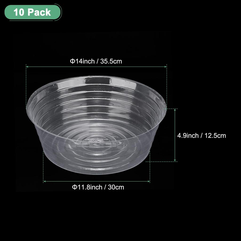 METERXITY 10-Pack 14" Plastic Plant Saucers for Indoor/Outdoor Use, Flower Pot Trays, and Drip Pans (Clear)