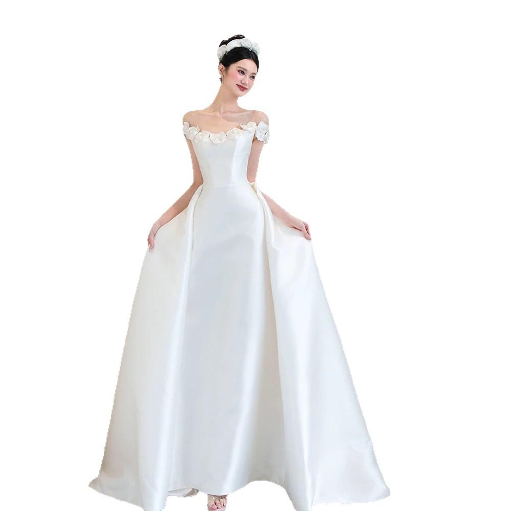One-word Shoulder Light Wedding Morning Gown Bride Satin Small Trailing Flower Engagement Dress Light Luxury Elegant White Dress
