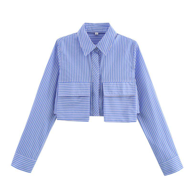 

Kaslead New Arrival Women s Fashion Style Fashion All-Match Pocket Decoration Blue Stripes Shirt Blue Stripe L