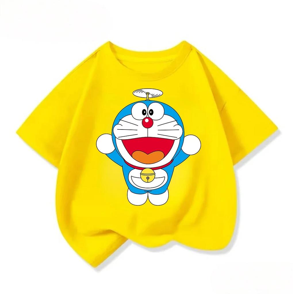 Trendy Kids Short Sleeve Tee Lovely Doraemon Print Crew Neck Fashion Street Style Summer Tops For Kids Age 3 14 Years