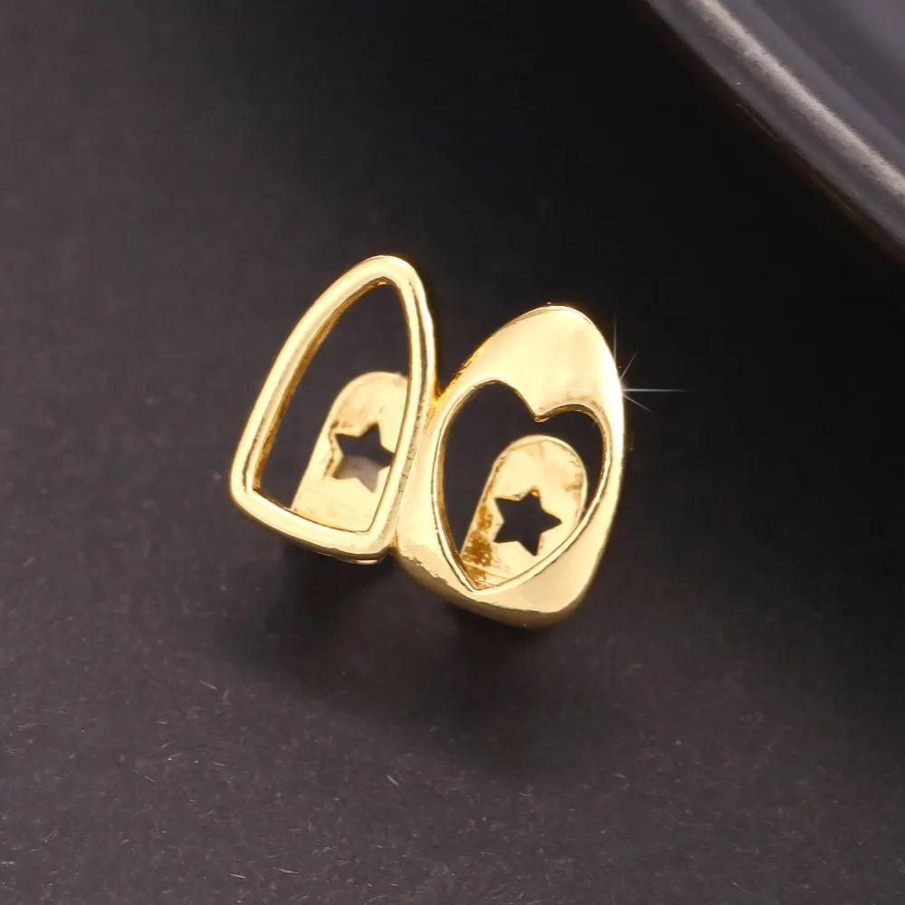 2pcs Set Hip-hop Gold Color Hollowed Hearts Zircon Inlay Stainless Steel Dental Grills for Women Men Teeth Jewelry Accessories