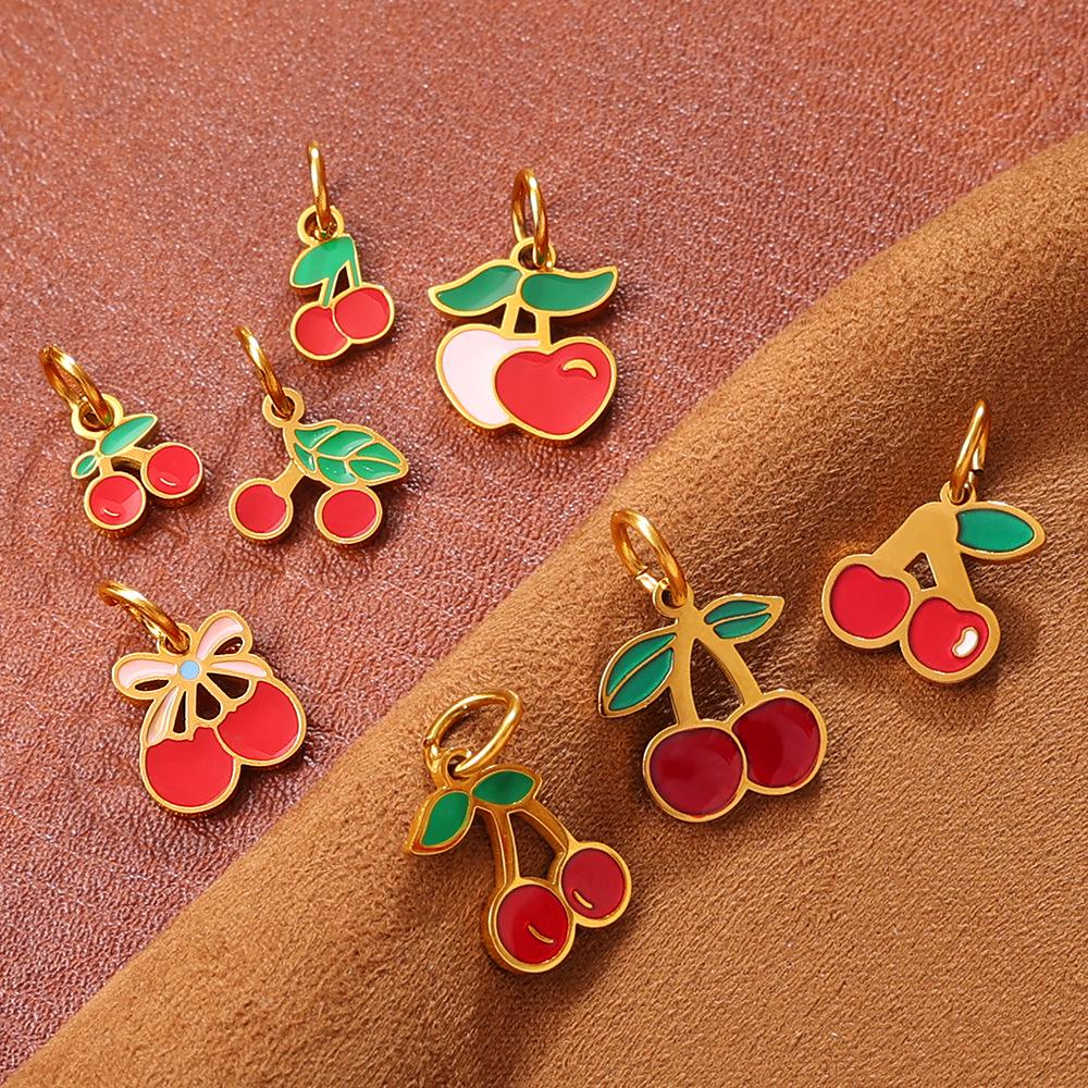 New Sweet Red Cherry Enamel Stainless Steel DIY Fruit Bracelet Necklace Pendant