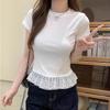 Summer Lace Hem Round Neck Short Sleeved T-shirt White Blouse Women Elegant Fashion Slim Fit Casual Tops Simple Office Sweet Tshirts