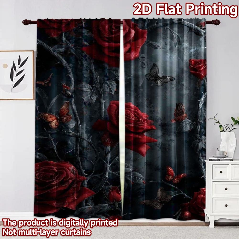 2D Flat Printing 2pcs Curtain Curtain Romantic Red Roses and Butterflies Digital Printed Polyester Drapes Seasonal Party &
