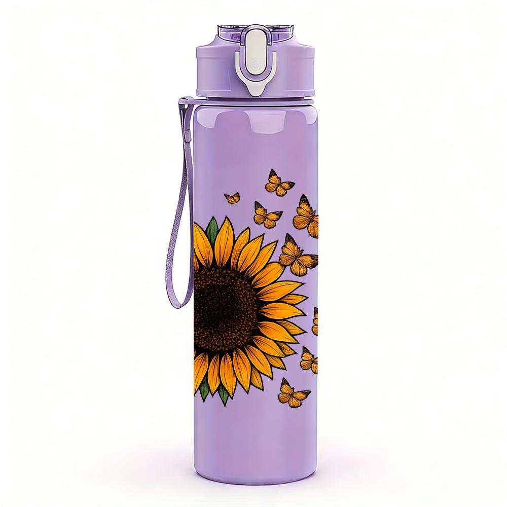 1PC Single Sunflower Bloom 750ml Color Plastic Sports Water Bottle Leakproof Flip Straw Lid For Sports Office Home Use