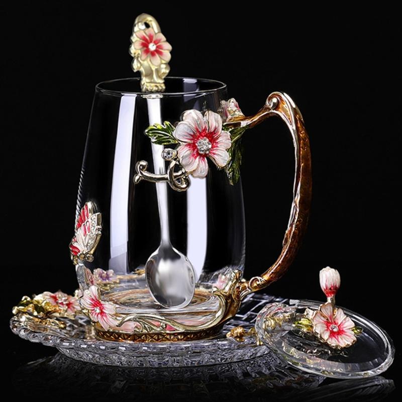 Clear Glass Tea Cup Set with Lid Spoon and Tray, Butterfly Cup Service for Breakfast Beverage and Household Use