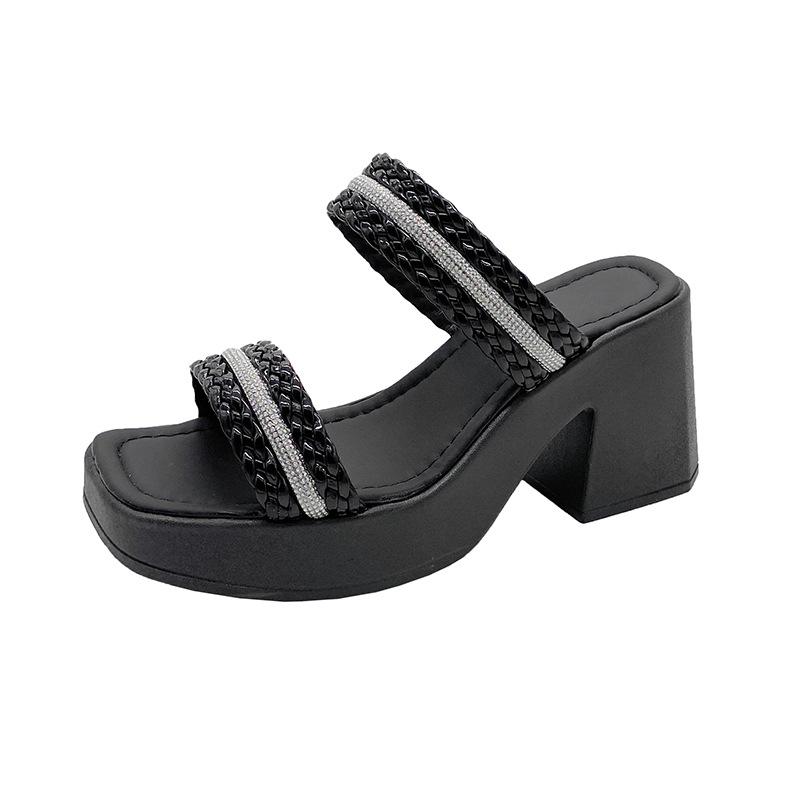 

2025 summer new thick heel high heel square head muffin thick bottom cool slippers women s European and American word with large size 42 women s shoes 42 чёрный