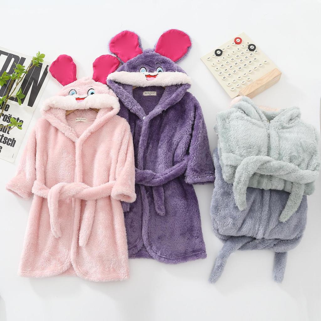 Children's Plush Cartoon Bathrobe - Boys' & Girls' Double-Sided Fleece Pajamas for Autumn/Winter