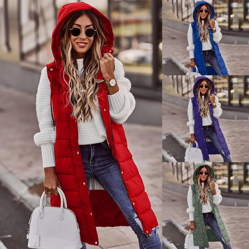 Womens Ladies Warm Plus Size Solid Color Hooded Single Breasted Medium Length Cotton Jacket Waistcoat Slim Cardigan Coat