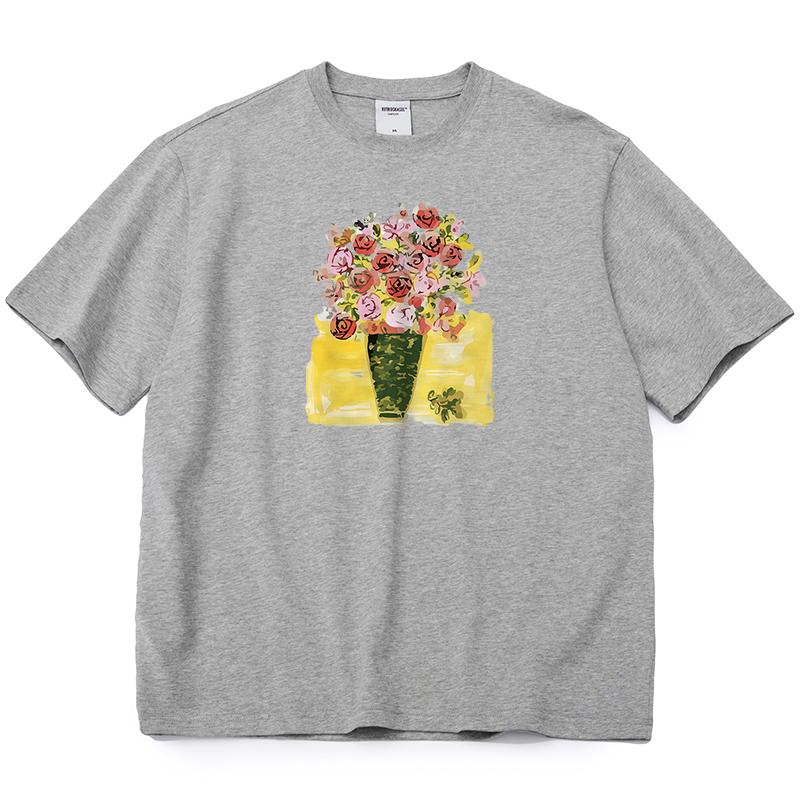 Shellsuning Tričko s potiskem krásných květin pro ženy Letní móda s výstřihem do O Umělecká trička nadměrné velikosti Dámská 100% bavlna Základní měkké topy Harajuku