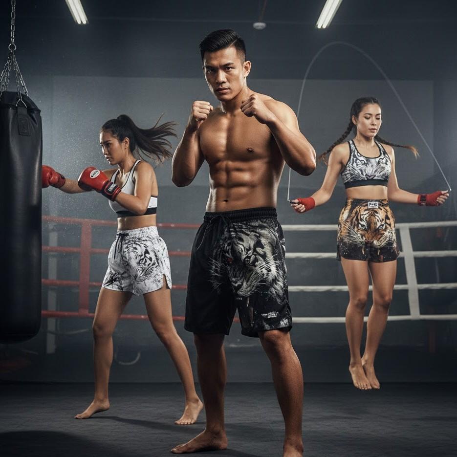 Yellow Black White Tiger Boxing Muay Thai Kickboxing Training Shorts Print Martial Art Boxer Unisex Men Women Kid Fighting Fitness Sport Gym Workout