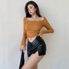 V-shaped Design Exposed Navel PU Leather Skirt Women Sexy Package Hip Side Slit Shorts Skirts Harajuku Streetwear Female Bottoms