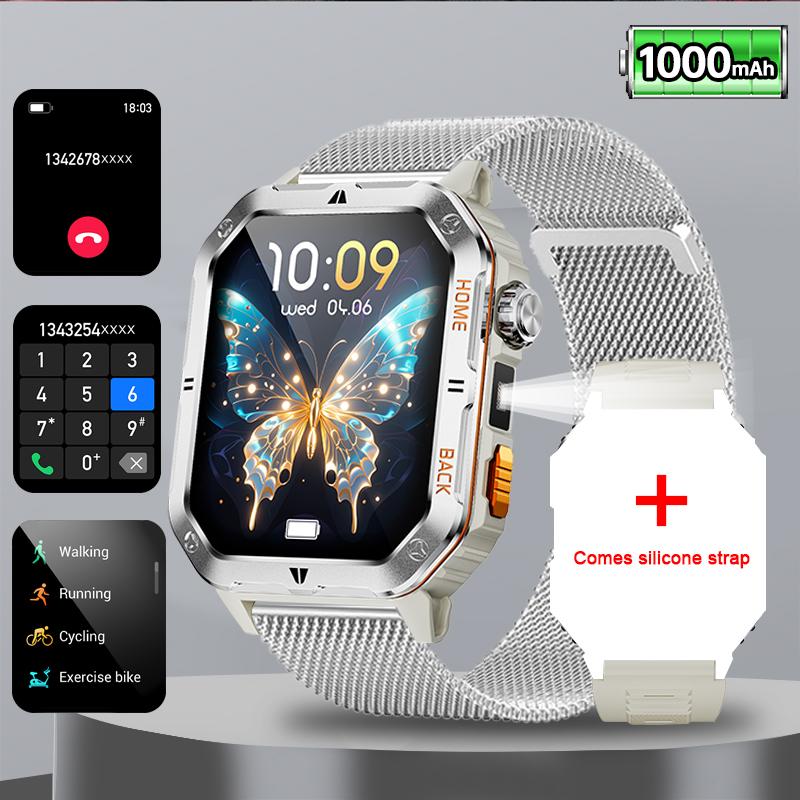 Rugged Military 1000mAh Smart Watch Men Outdoor Flashlight  Watch 2.01" HD Touch Screen Voice Bluetooth Call Smartwatch NEW