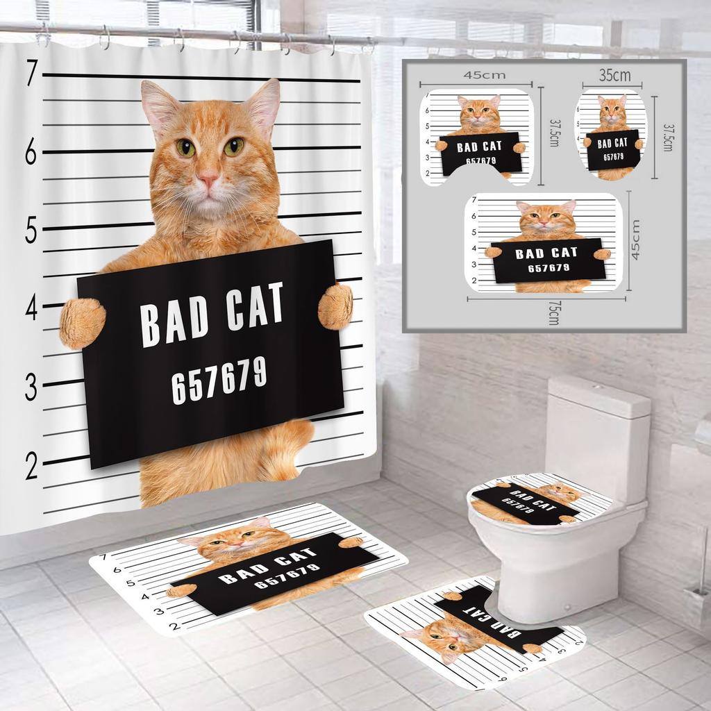 Creative Digital Printing Shower Curtain Cat Four-Piece Shower Curtain