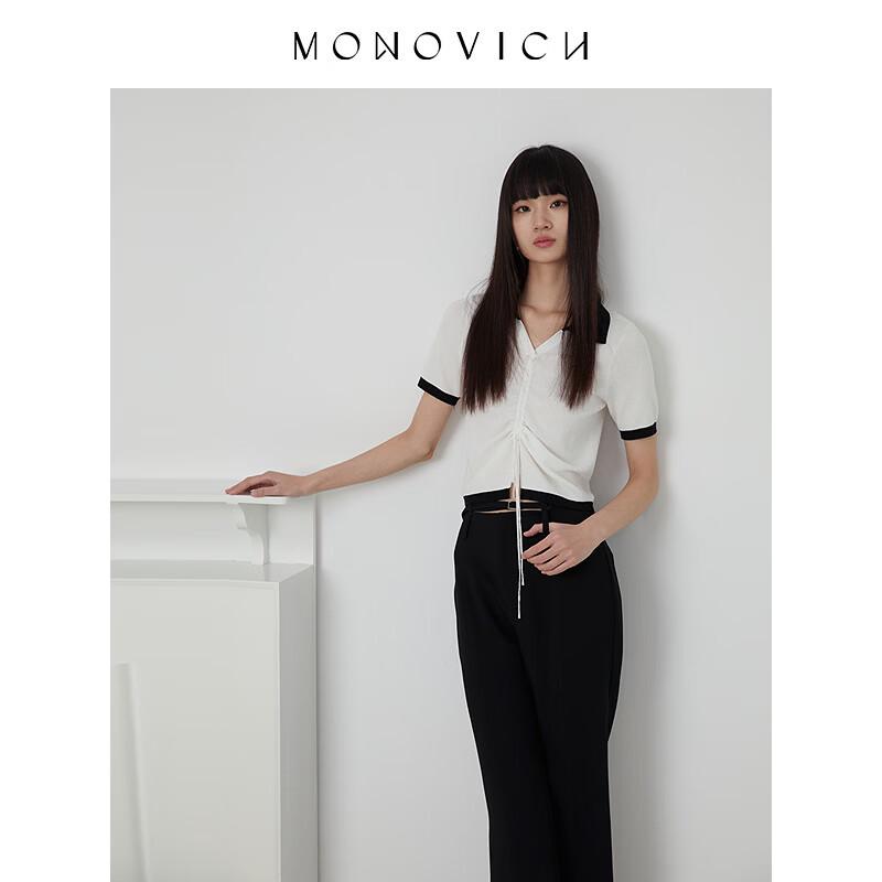 MONOVICH Slim-Fit Color Block Polo Collar Short Sleeve Knit Top S