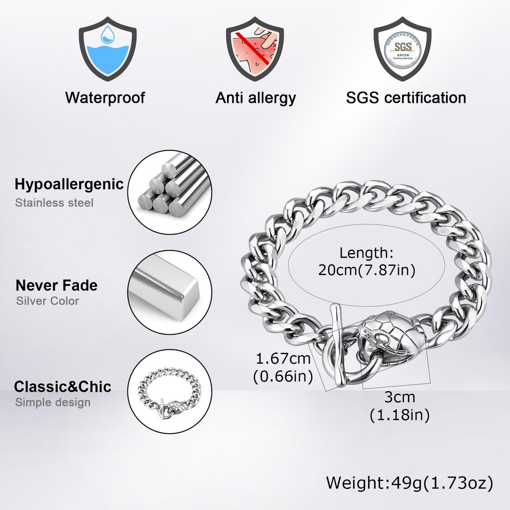 Rock Punk Men's Snake Head Chain Bracelet,11MM Stainless Steel Thick Chain Wristband,Birthday Party Gift for Him