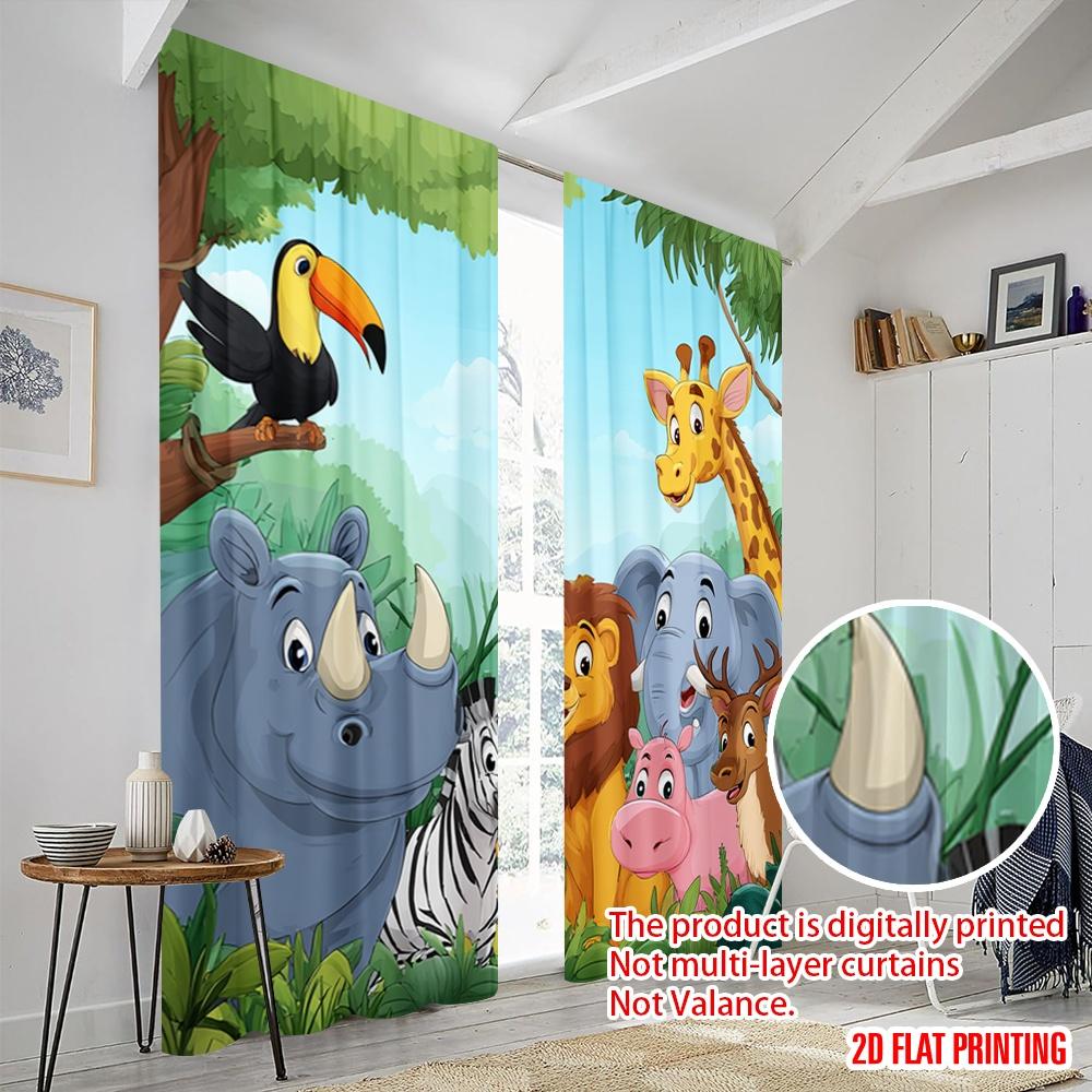 Set Of 2 Flat Printing Party Curtain Cute Cartoon Safari Animals Polyester Without Electricity Festive Holiday Perfect Home