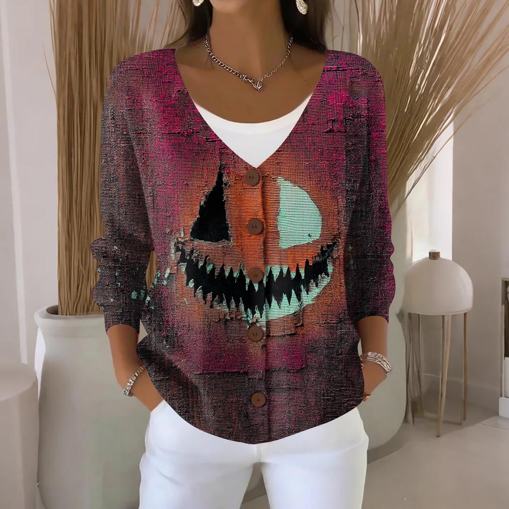 Women's Fashion Casual Knit Sweater Button-Up Halloween Printed  Cardigan Jacket